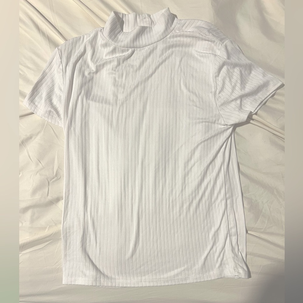 White Ribbed T-Shirt with mock turtle neck